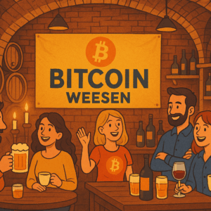 Eine Gruppe von Personen, die sich in einem Weinkeller zum Bitcoin Meetup getroffen haben.